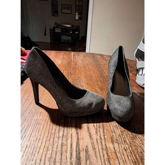 Fioni Night Sz 9 Black Silver Glitter Metallic Platform Stiletto Heel Pump Shoes - Picture 1 of 8